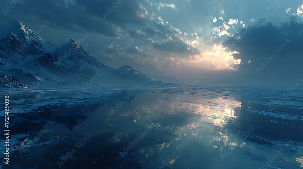 Fototapeta premium Serene frozen landscape with majestic mountains reflecting in the icy water under a dramatic cloudy sky.
