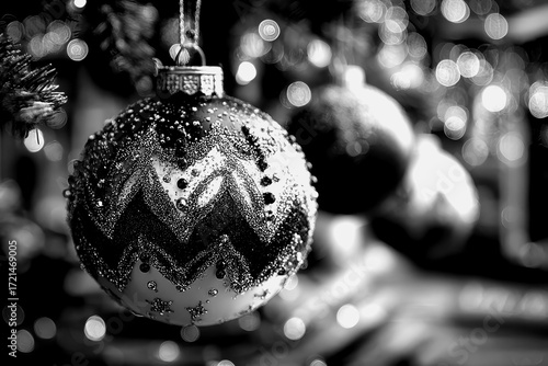 Beautiful ornament hanging on a Christmas tree in black and white