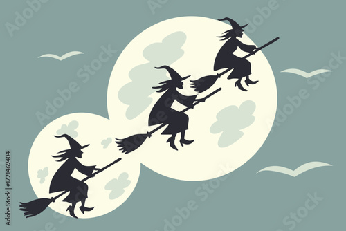 Three witches flying on broomsticks against a large full moon and night sky vector background