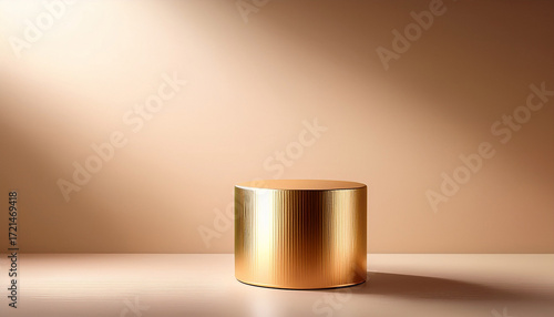 Shiny Golden Cylinder On Soft Beige Background Perfect For Product Mockups And Premium Design Presentations