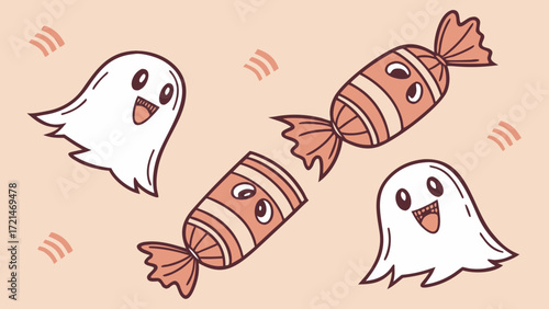 Cute cartoon ghosts and candies for halloween celebration vector background