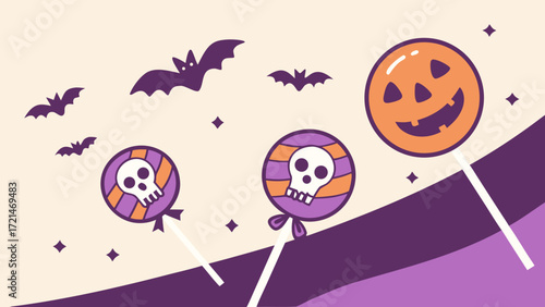 Halloween lollipops with skull and jack o lantern faces and bats flying around vector background
