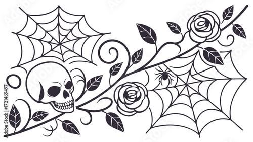 Gothic design with skull, roses, spiderweb, and vine vector background