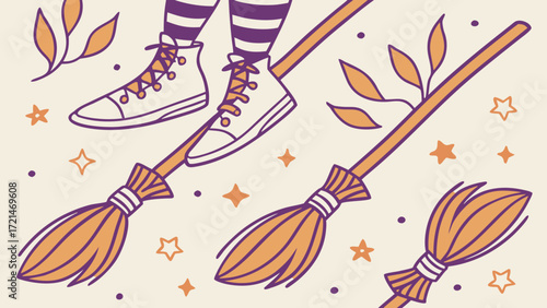 Witch legs wearing striped socks and sneakers flying on a broomstick with leaves and stars vector background
