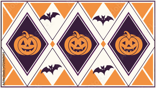 Halloween pattern with pumpkins and bats in diamond shapes vector background