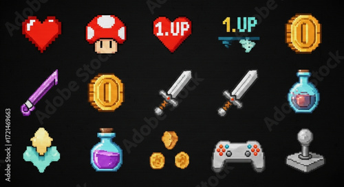 Retro game assets with heart, mushroom, sword, coin, potion, joystick, and gamepad on dark background, pixel art style, vintage video game