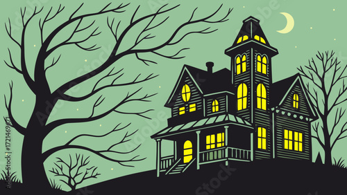 Haunted house with spooky trees and a crescent moon vector background