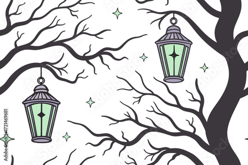 Halloween lanterns hanging from bare tree branches with stars vector background