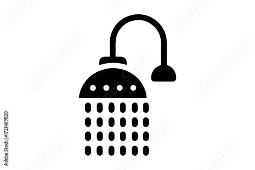 Shower icon depicting a shower head with water droplets, representing hygiene, cleanliness, and bathing, simple and clear design