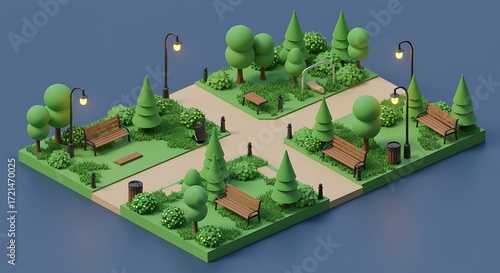 Isometric miniature park scene with trees benches and streetlights