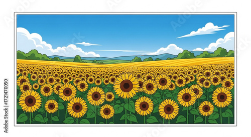 A vast field of sunflowers under a bright blue sky with fluffy white clouds, creating a picturesque and vibrant summer scene
