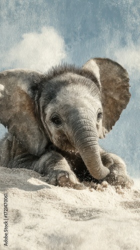 Baby elephant playing in the sand under a clear blue sky