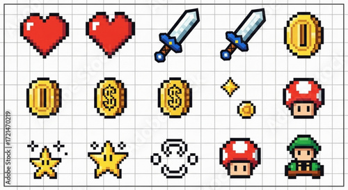 Collection of pixelated game assets, including hearts, swords, coins, stars, mushrooms, and a character for retro game design