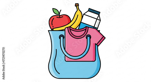 Shopping bag with groceries fresh apple, banana, milk, and a pink tshirt inside a blue reusable grocery bag illustration
