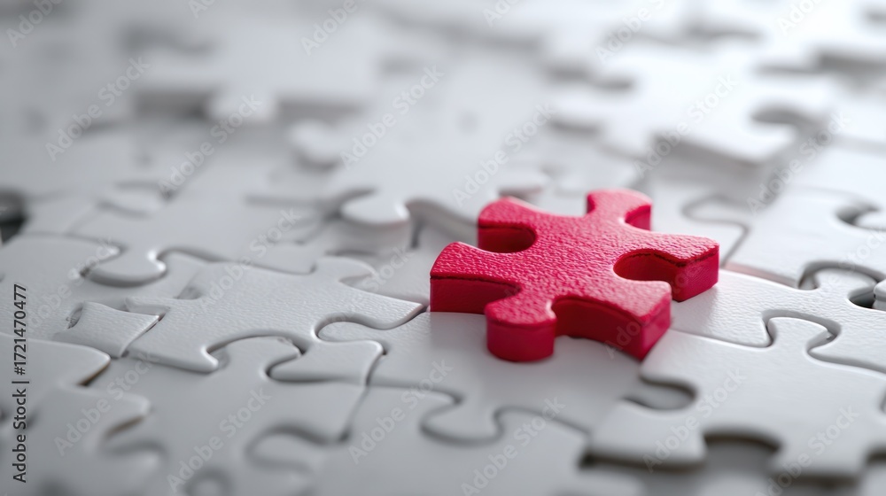 Fototapeta premium Red jigsaw piece stands out on a bed of white puzzle pieces, soft lighting