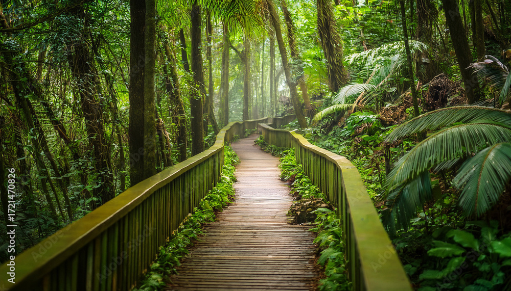 Obraz premium Mysterious Path Through A Lush Tropical Forest Invites Exploration And Curiosity Amid Verdant Greenery And Serene Atmosphere