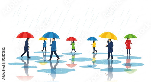 A group of people walking in the rain with colorful umbrellas the puddles on the ground reflect the umbrellas