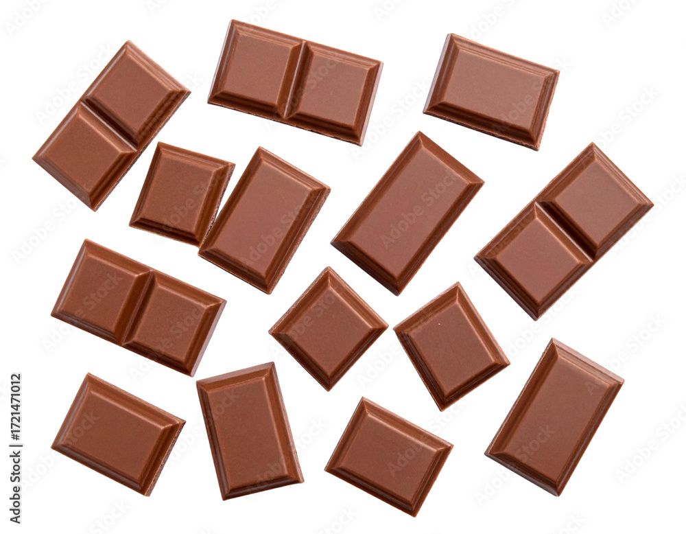 Fototapeta premium Milk chocolate pieces isolated on white background from top view