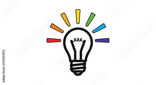 Illustration of a light bulb with rainbow rays, symbolizing creativity, innovation, and bright ideas in a colorful design