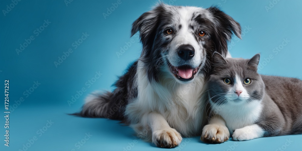 Obraz premium border collie and a cat on blue background