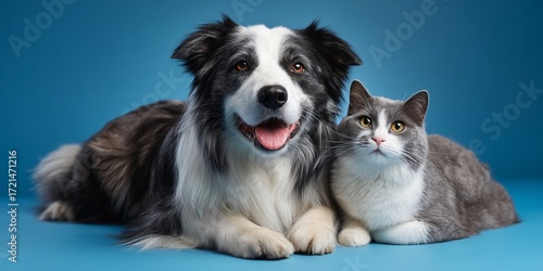 border collie and a cat on blue background