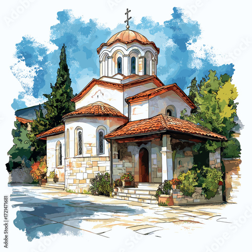 Saint John at Kaneo. Saint John at Kaneo watercolor vector illustration