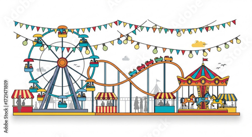 Amusement park with ferris wheel, roller coaster, and carousel funfair illustration with festive decoration and silhouette of people