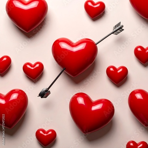 Red hearts with a love arrow on a pastel background
