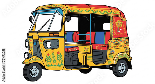 Illustration of a traditional auto rickshaw, a threewheeled vehicle commonly used for transportation in south asia