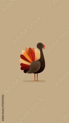 Colorful cartoon turkey with vibrant feathers standing against a neutral background during autumn season