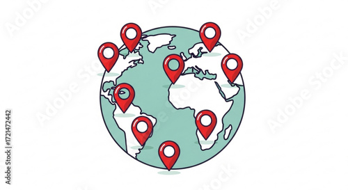 Global location pin illustration, featuring a world map with prominent markers indicating various destinations and points of interest