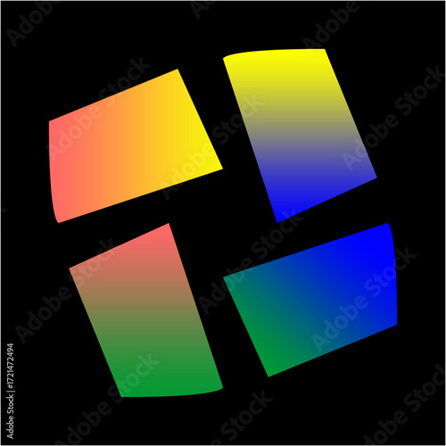 Four gradient panels—red to yellow, yellow to blue, green to blue, red to green—tilt in motion, glowing against black void of contrast.