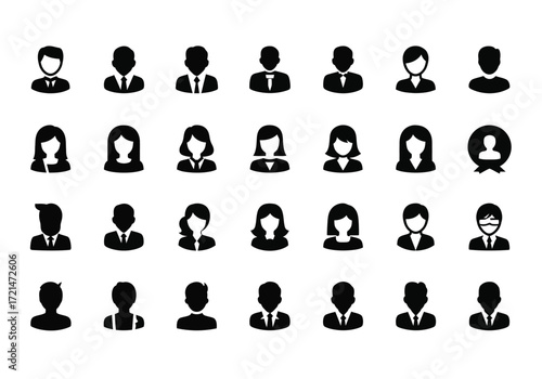 Collection of diverse business person avatars and user profile icons, , representing different genders, professions, and styles for digital applications and interfaces