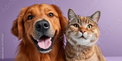 smiling and happy cat and dog on a plain purple background