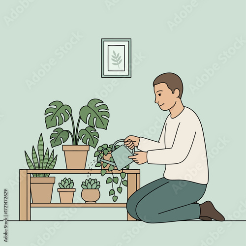 Simple Minimalist Flat Vector Illustration of a person tending to a small indoor plant collection.