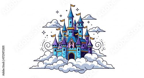 Whimsical castle floating among fluffy clouds, adorned with flags and stars, a dreamy illustration for fairy tales