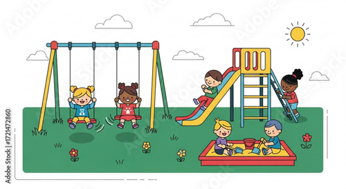 Children having fun at the playground with swings, slide, and sandbox a sunny day with fluffy clouds in the sky
