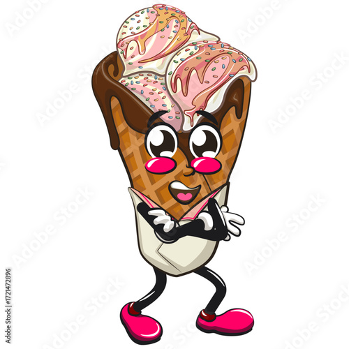 waffle ice cream with chocolate and sprinkles mascot folding his arms calmly, work of hand drawn