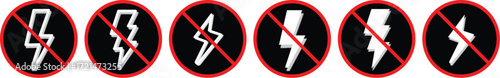 No Electricity and Lightning Prohibition Sign Icon Set. No lightning symbol, ban. Blackout icons, power outage, bright warning. No Electricity on transparent background
