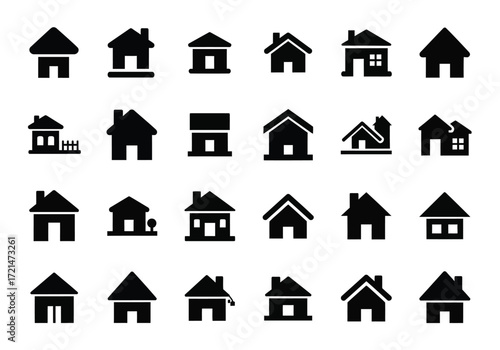 Collection of various black house icons on a, representing different architectural styles and home symbols