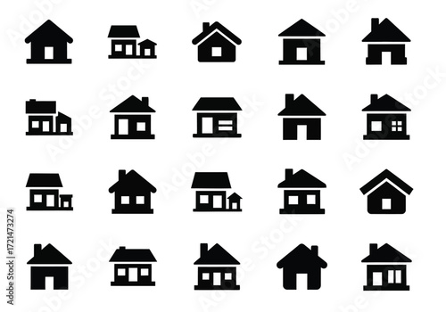Collection of simple black house icons, representing various architectural styles and sizes, isolated on a