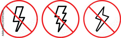 No Electricity and Lightning Prohibition Sign Icon Set. No lightning symbol, ban. Blackout icons, power outage, bright warning. No Electricity on transparent background
