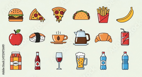 A delightful vector illustration featuring an assortment of food and drink icons, , representing various culinary delights