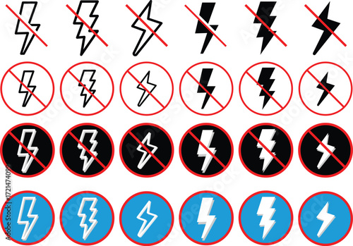 No Electricity and Lightning Prohibition Sign Icon Set. No lightning symbol, ban. Blackout icons, power outage, bright warning. No Electricity on transparent background

