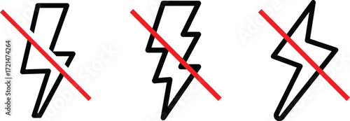 No Electricity and Lightning Prohibition Sign Icon Set. No lightning symbol, ban. Blackout icons, power outage, bright warning. No Electricity on transparent background
