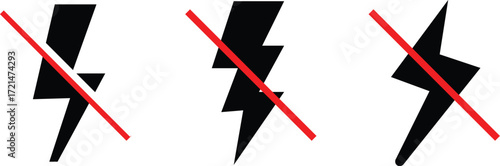 No Electricity and Lightning Prohibition Sign Icon Set. No lightning symbol, ban. Blackout icons, power outage, bright warning. No Electricity on transparent background
