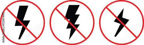 No Electricity and Lightning Prohibition Sign Icon Set. No lightning symbol, ban. Blackout icons, power outage, bright warning. No Electricity on transparent background
