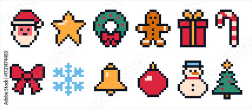 Christmas icons set in pixel art design. 8-bit vintage video game style decorations pack. Cute holiday stuff.