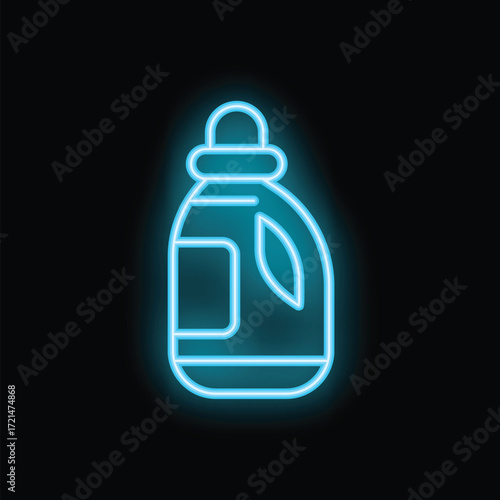Blue glowing neon line laundry detergent in plastic container icon isolated on a black background