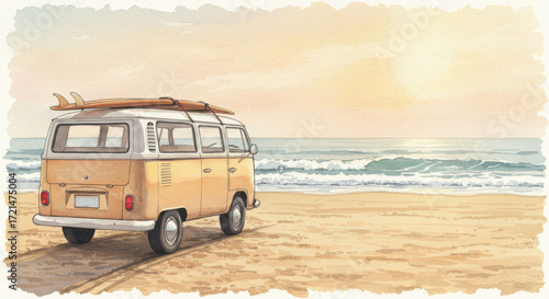 Surfboard retro surf van background, cheerful mood, parked on beach, ocean background, watercolor style, copy space